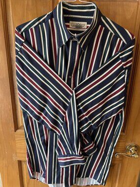 Vintage Natural Issue Striped Button Down Shirt Mens L Navy Burgundy Green